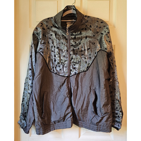 Vtg Retro Active Club Metallic Windbreaker Jacket Full Zip Leaves Women’s Medium - Picture 1 of 12